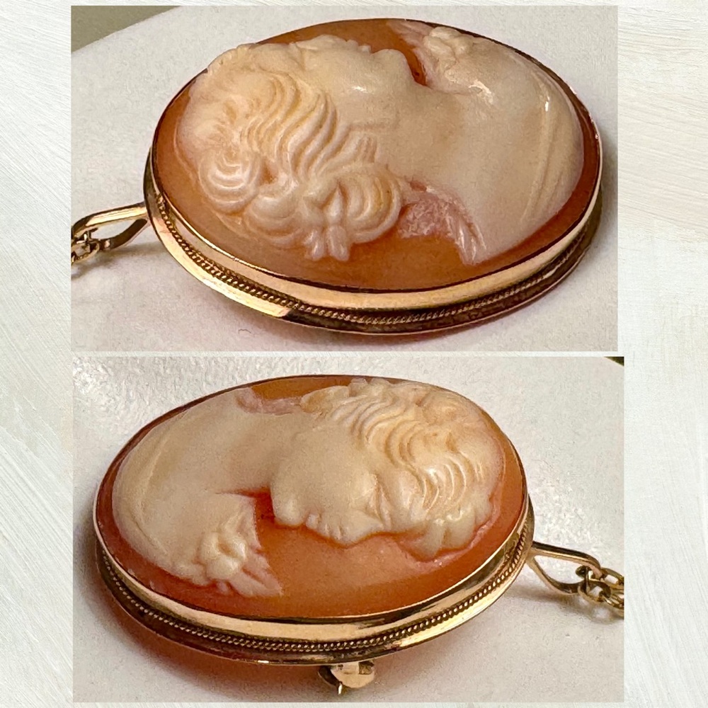 Vintage Italian 14K Gold Cameo Pendant Necklace or Brooch /Gold Chain Necklace - Picture 8 of 12